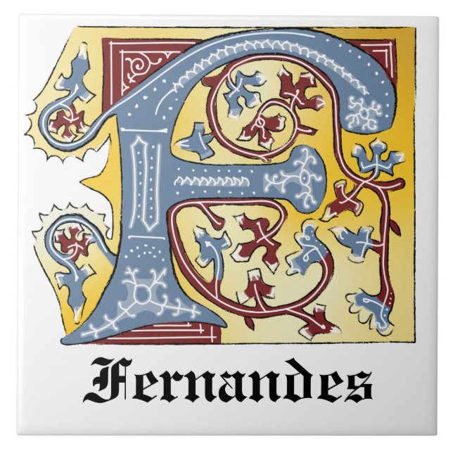Medieval Blue and Red Ivy Illuminated Letter F Tile (Front)