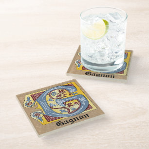 Medieval Blue and Red Ivy Illuminated Letter G Glass Coaster