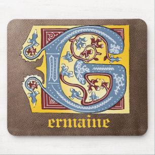 Medieval Blue and Red Ivy Illuminated Letter G Mouse Pad