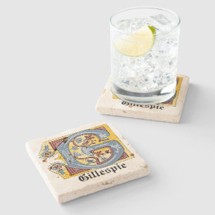 Medieval Blue and Red Ivy Illuminated Letter G Stone Coaster