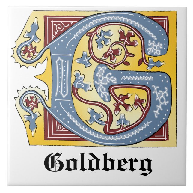 Medieval Blue and Red Ivy Illuminated Letter G Tile (Front)