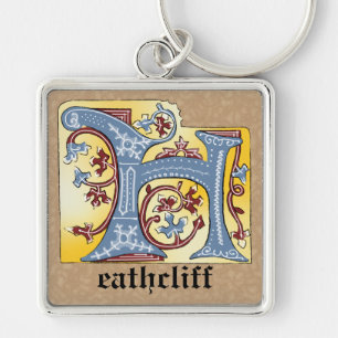 Medieval Blue and Red Ivy Illuminated Letter H Keychain