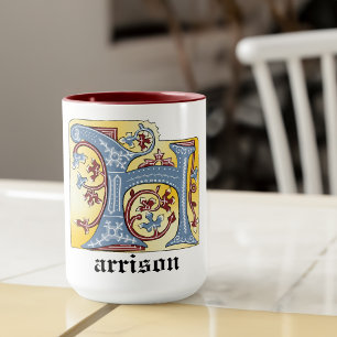 Medieval Blue and Red Ivy Illuminated Letter H Mug