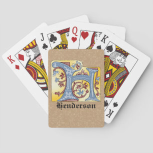 Medieval Blue and Red Ivy Illuminated Letter H Playing Cards