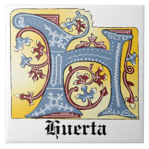 Medieval Blue and Red Ivy Illuminated Letter H Tile