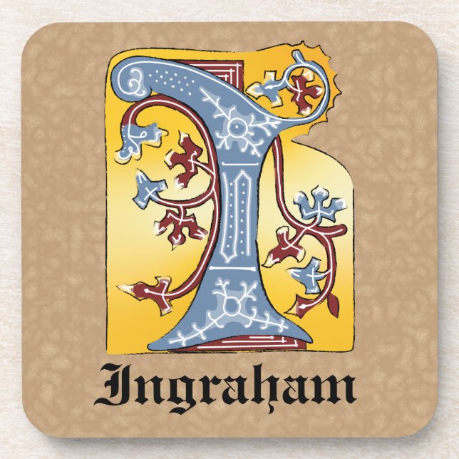 Medieval Blue and Red Ivy Illuminated Letter I Coaster (Front)