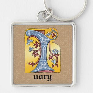 Medieval Blue and Red Ivy Illuminated Letter I Keychain