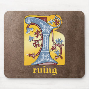 Medieval Blue and Red Ivy Illuminated Letter I Mouse Pad