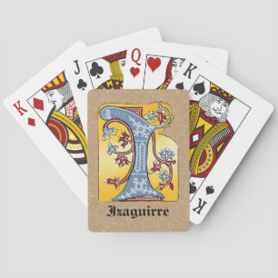 Medieval Blue and Red Ivy Illuminated Letter I Playing Cards