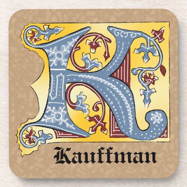 Medieval Blue and Red Ivy Illuminated Letter K Coaster (Front)