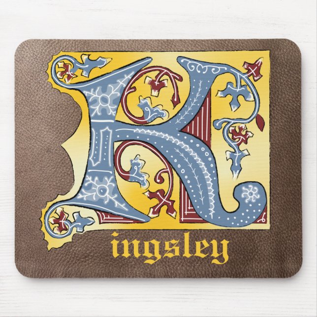 Medieval Blue and Red Ivy Illuminated Letter K Mouse Pad (Front)