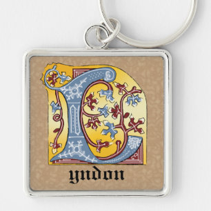 Medieval Blue and Red Ivy Illuminated Letter L Keychain