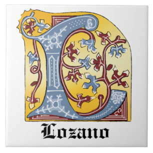 Medieval Blue and Red Ivy Illuminated Letter L Tile
