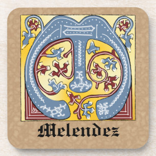 Medieval Blue and Red Ivy Illuminated Letter M Coaster