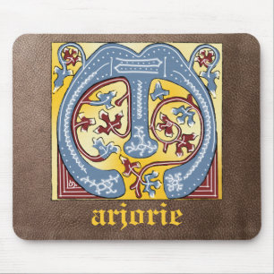 Medieval Blue and Red Ivy Illuminated Letter M Mouse Pad