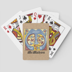 Medieval Blue and Red Ivy Illuminated Letter M Playing Cards