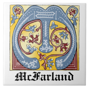 Medieval Blue and Red Ivy Illuminated Letter M Tile