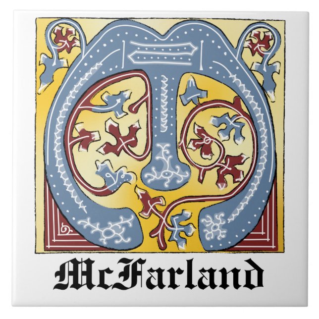 Medieval Blue and Red Ivy Illuminated Letter M Tile (Front)