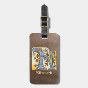 Medieval Blue and Red Ivy Illuminated Letter N Luggage Tag