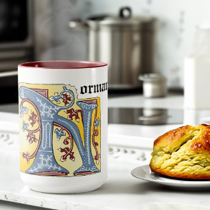 Medieval Blue and Red Ivy Illuminated Letter N Mug