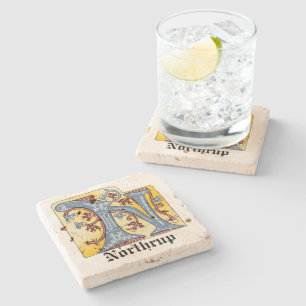 Medieval Blue and Red Ivy Illuminated Letter N Stone Coaster