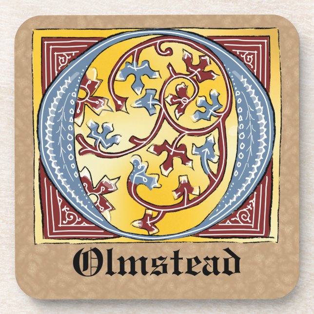Medieval Blue and Red Ivy Illuminated Letter O Coaster (Front)