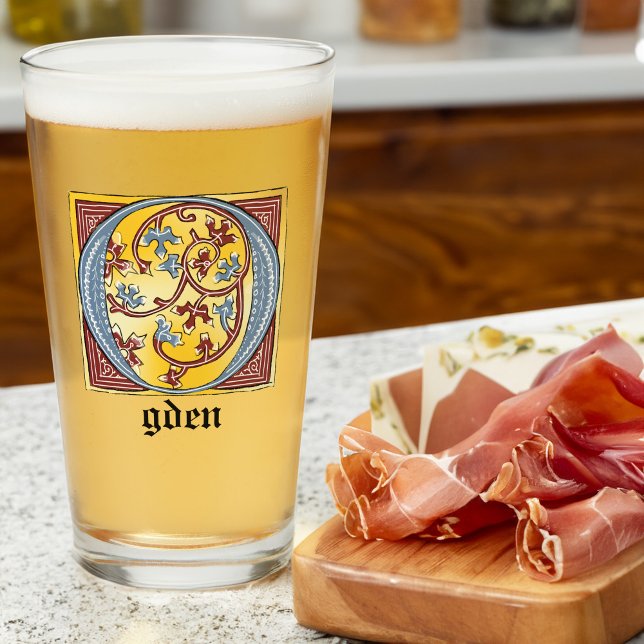 Medieval Blue and Red Ivy Illuminated Letter O Glass (Creator Uploaded)