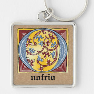 Medieval Blue and Red Ivy Illuminated Letter O Keychain