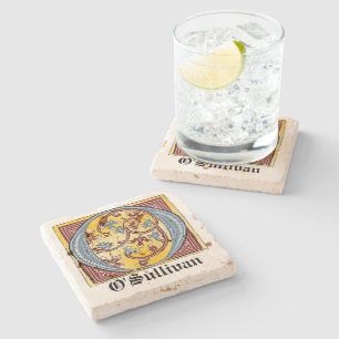 Medieval Blue and Red Ivy Illuminated Letter O Stone Coaster
