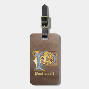 Medieval Blue and Red Ivy Illuminated Letter P Luggage Tag