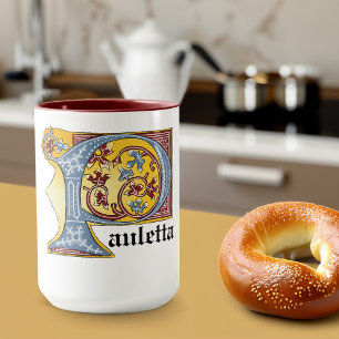 Medieval Blue and Red Ivy Illuminated Letter P Mug
