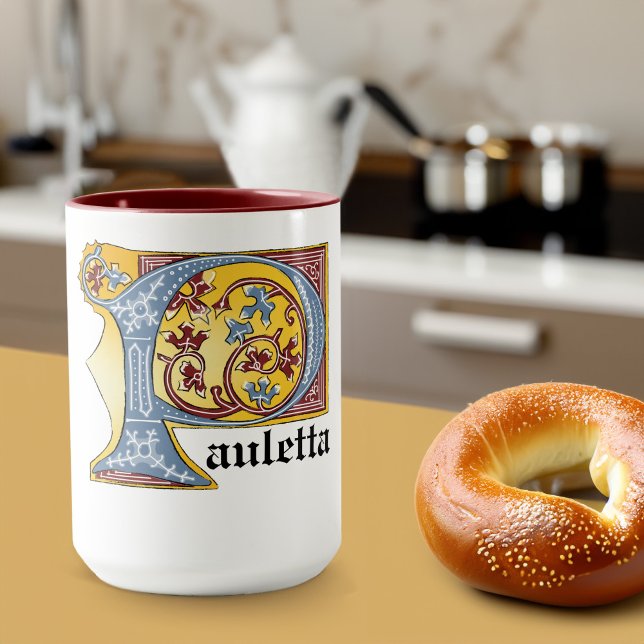 Medieval Blue and Red Ivy Illuminated Letter P Mug (Creator Uploaded)