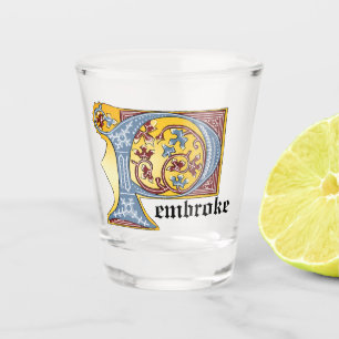 Medieval Blue and Red Ivy Illuminated Letter P Shot Glass