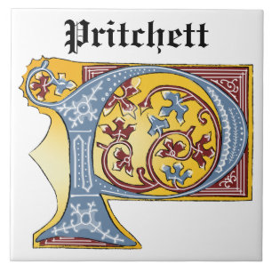 Medieval Blue and Red Ivy Illuminated Letter P Tile