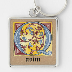 Medieval Blue and Red Ivy Illuminated Letter Q Keychain