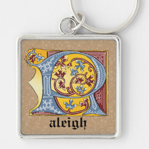 Medieval Blue and Red Ivy Illuminated Letter R Keychain