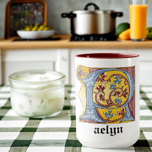 Medieval Blue and Red Ivy Illuminated Letter R Mug