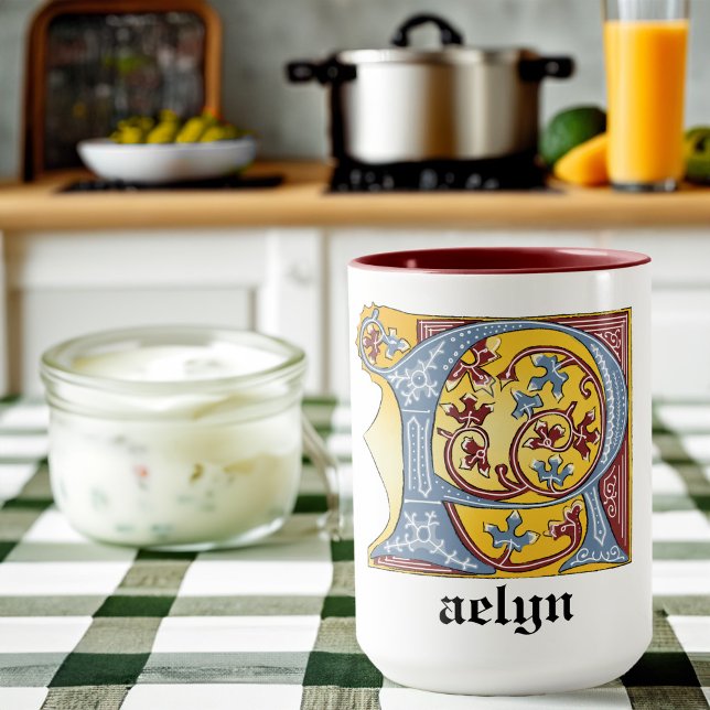 Medieval Blue and Red Ivy Illuminated Letter R Mug (Creator Uploaded)