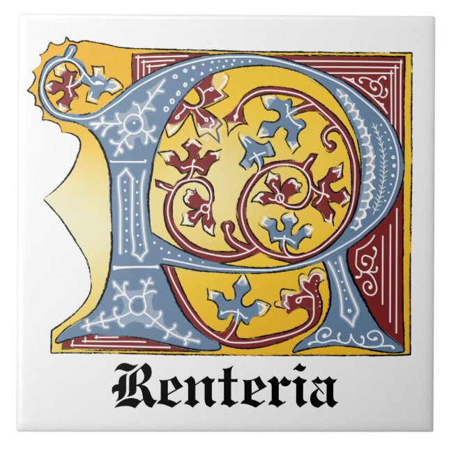 Medieval Blue and Red Ivy Illuminated Letter R Tile (Front)