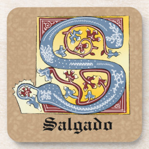 Medieval Blue and Red Ivy Illuminated Letter S Coaster
