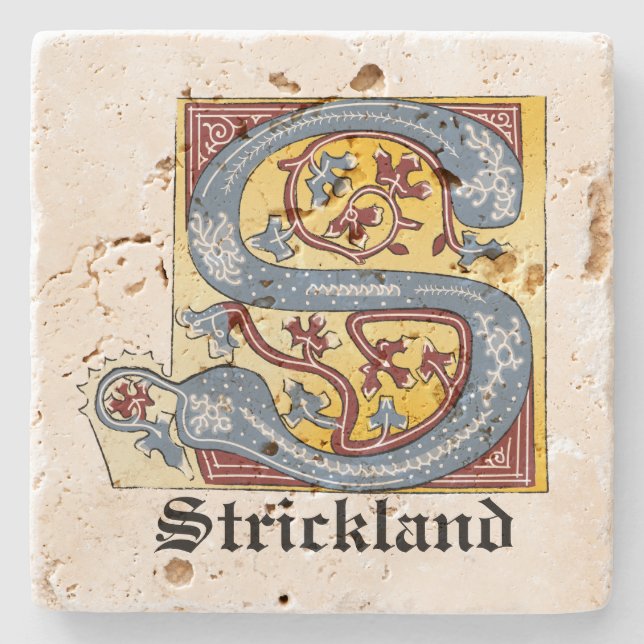 Medieval Blue and Red Ivy Illuminated Letter S Stone Coaster (Front)