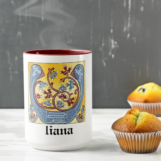 Medieval Blue and Red Ivy Illuminated Letter U Mug (Creator Uploaded)