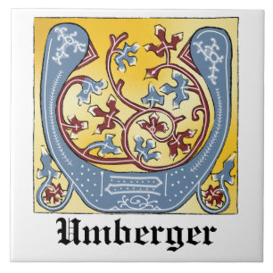 Medieval Blue and Red Ivy Illuminated Letter U Tile