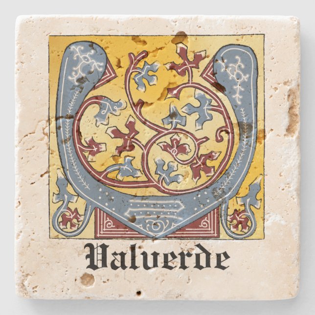 Medieval Blue and Red Ivy Illuminated Letter V Stone Coaster (Front)