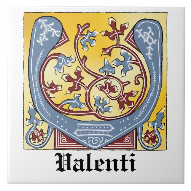 Medieval Blue and Red Ivy Illuminated Letter V Tile (Front)