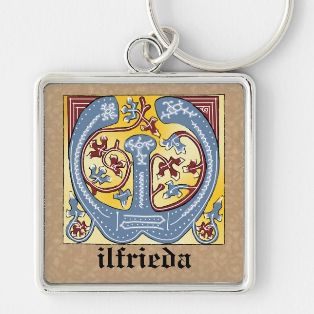 Medieval Blue and Red Ivy Illuminated Letter W Keychain (Front)
