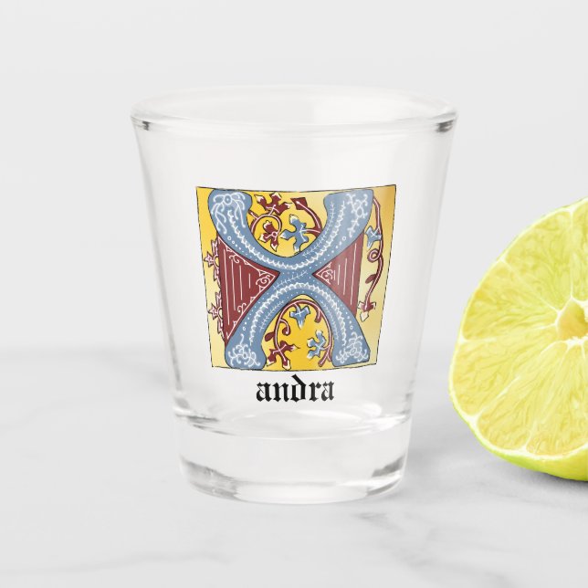 Medieval Blue and Red Ivy Illuminated Letter X Sho Shot Glass (Front)