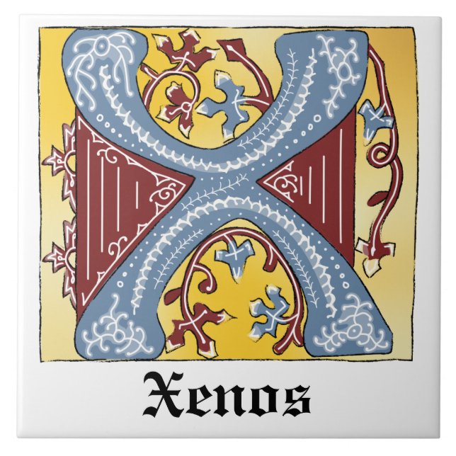 Medieval Blue and Red Ivy Illuminated Letter X Tile (Front)