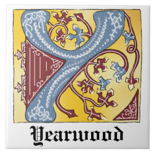 Medieval Blue and Red Ivy Illuminated Letter Y Tile