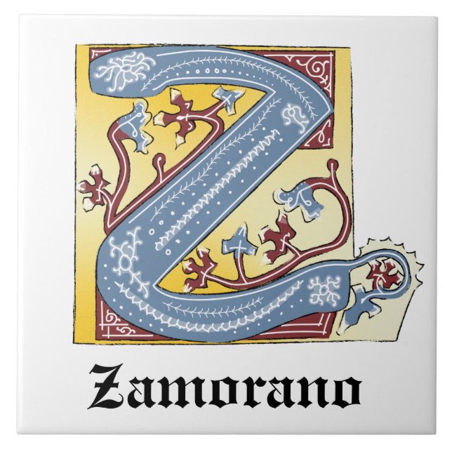 Medieval Blue and Red Ivy Illuminated Letter Z Tile (Front)